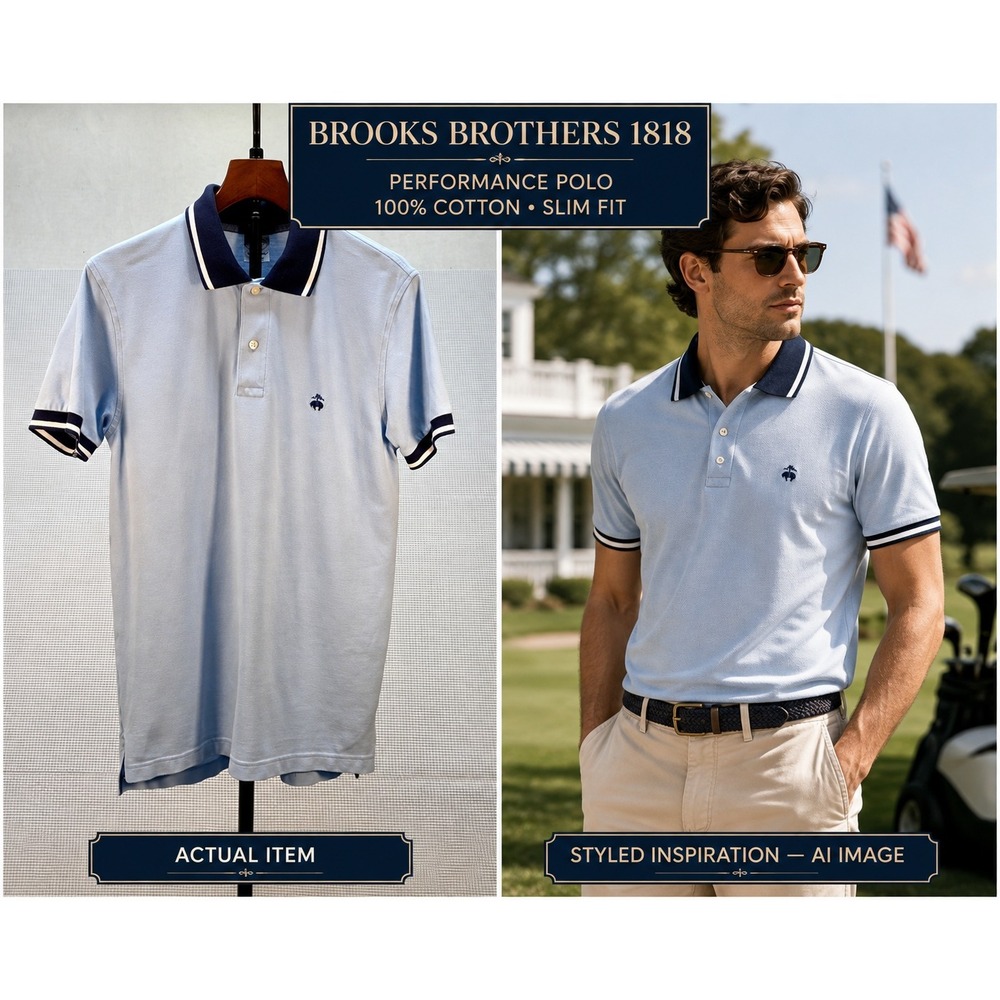 Brooks Brothers 1818 Men's Slim Fit Performance Polo Shirt M Light Blue Tipped